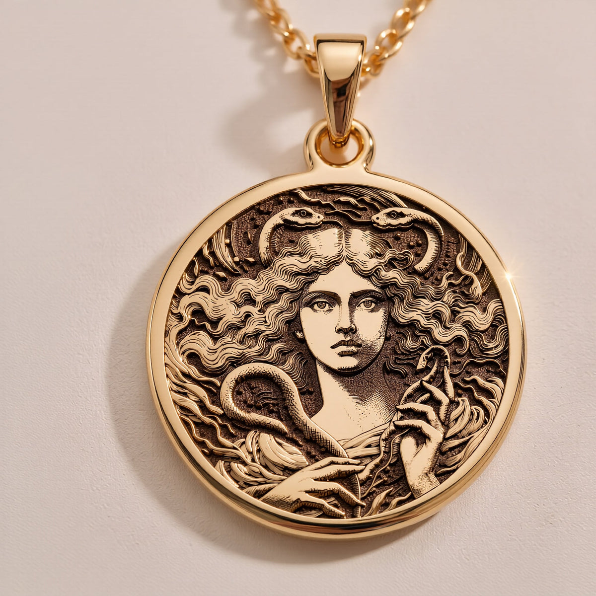 14K solid gold Lilith Goddess Necklace: round  of Lilith ancient Mesopotamian goddess w...