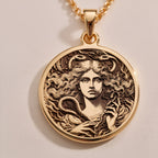 14K solid gold Lilith Goddess Necklace: round  of Lilith ancient Mesopotamian goddess w...