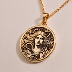14K solid gold Lilith Goddess Necklace: round  of Lilith goddess with engraved goat hea...