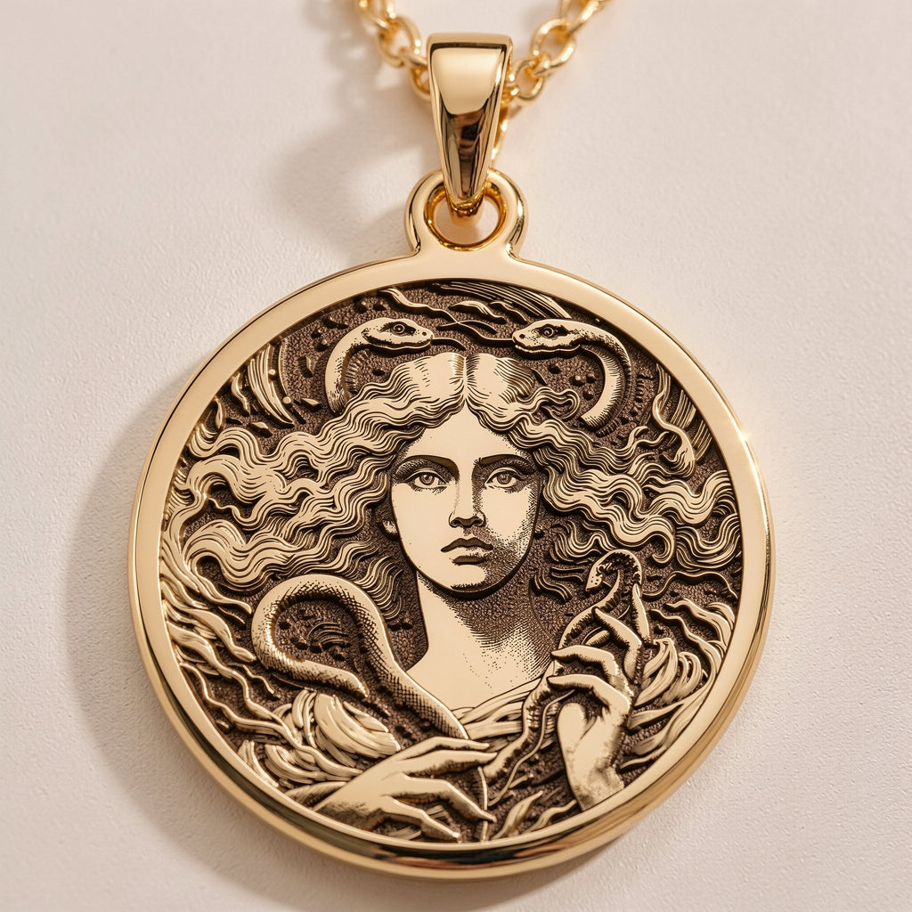 14K solid gold Lilith Goddess Necklace: round  of Lilith goddess with engraved three-fa...