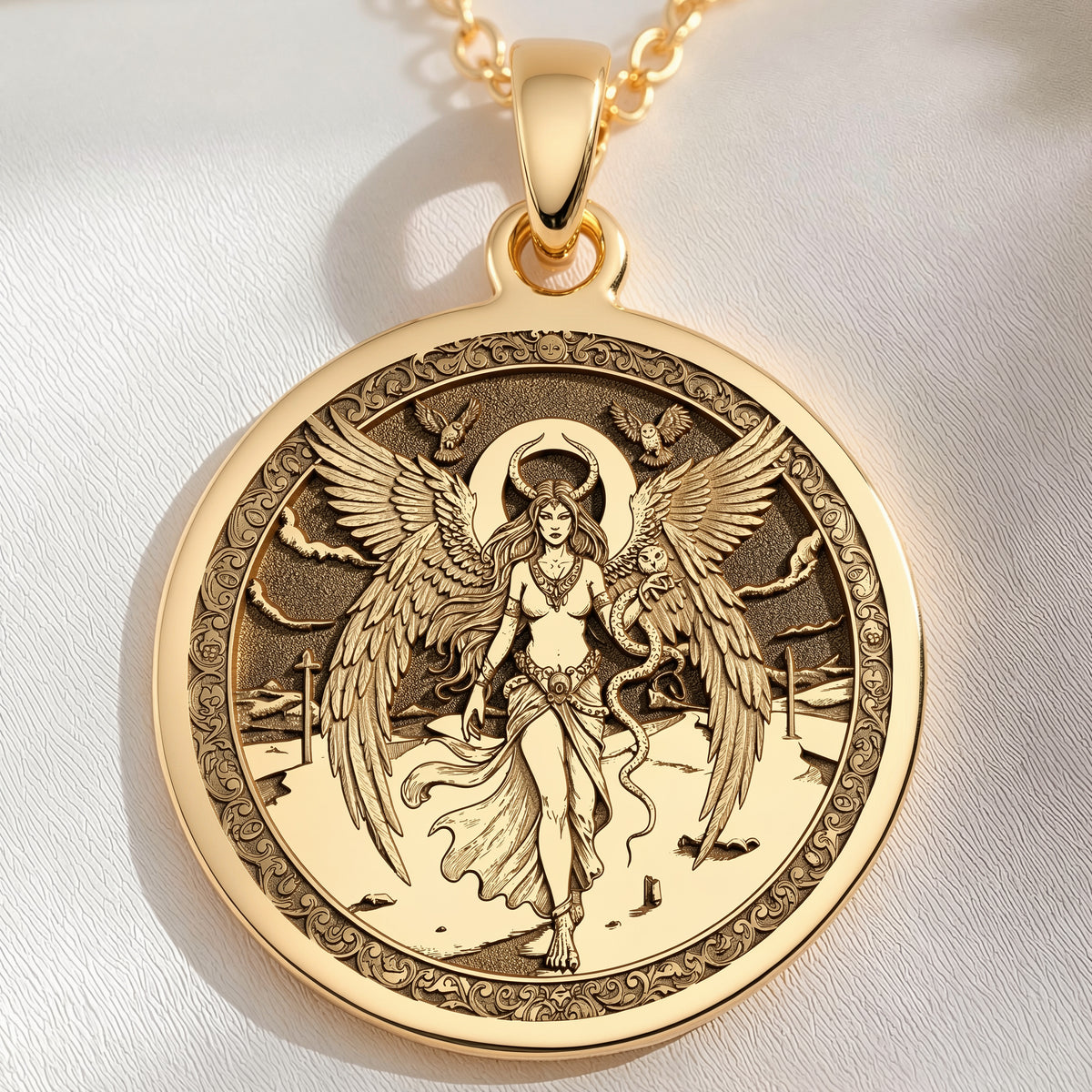 Lilith Rebel Goddess Coin Pendant Necklaces 14K 14K Gold Plated winged goddess pendant with detailed mythological figure and frame necklace