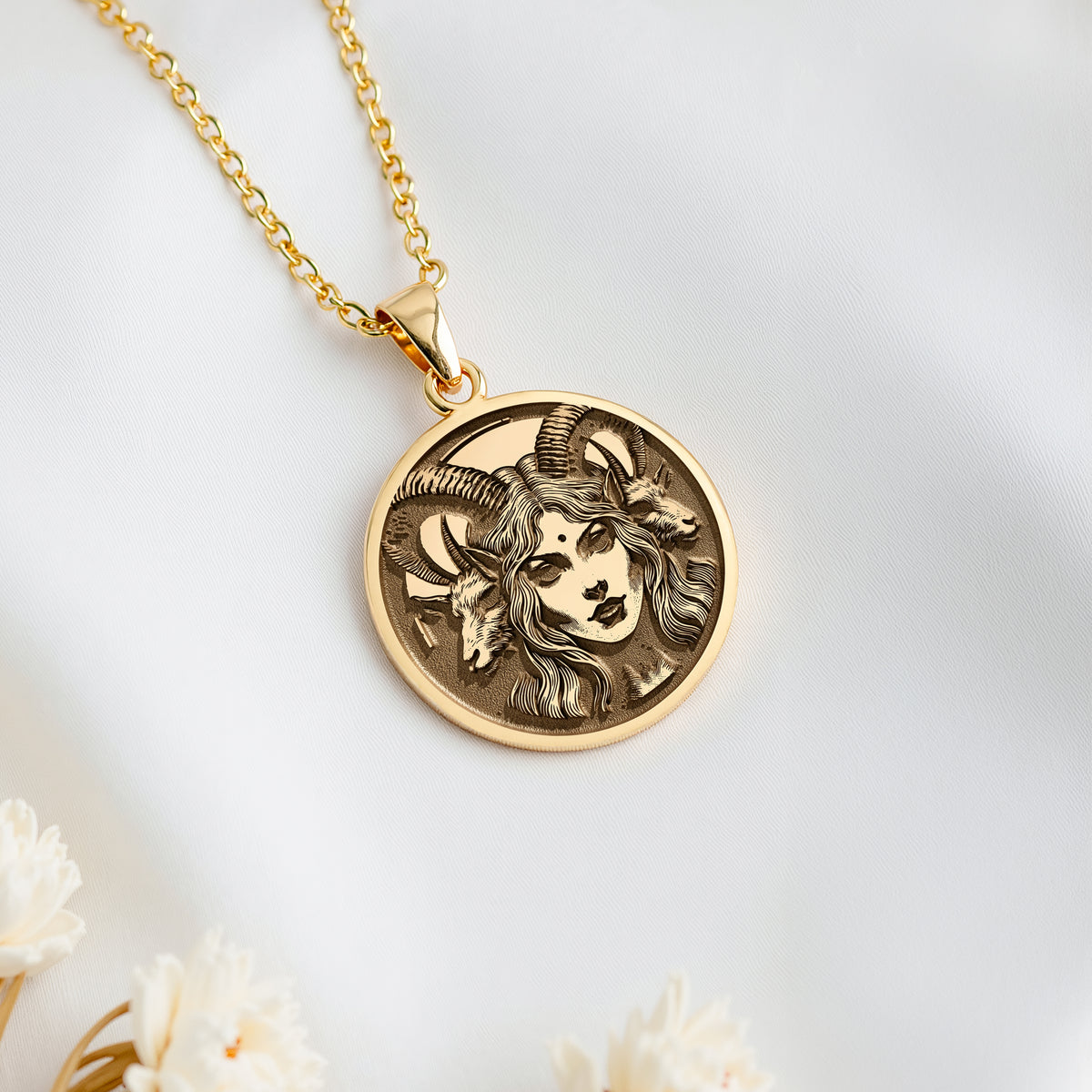 14K solid gold Lilith Goddess Necklace: round  of Lilith goddess with engraved goat hea...