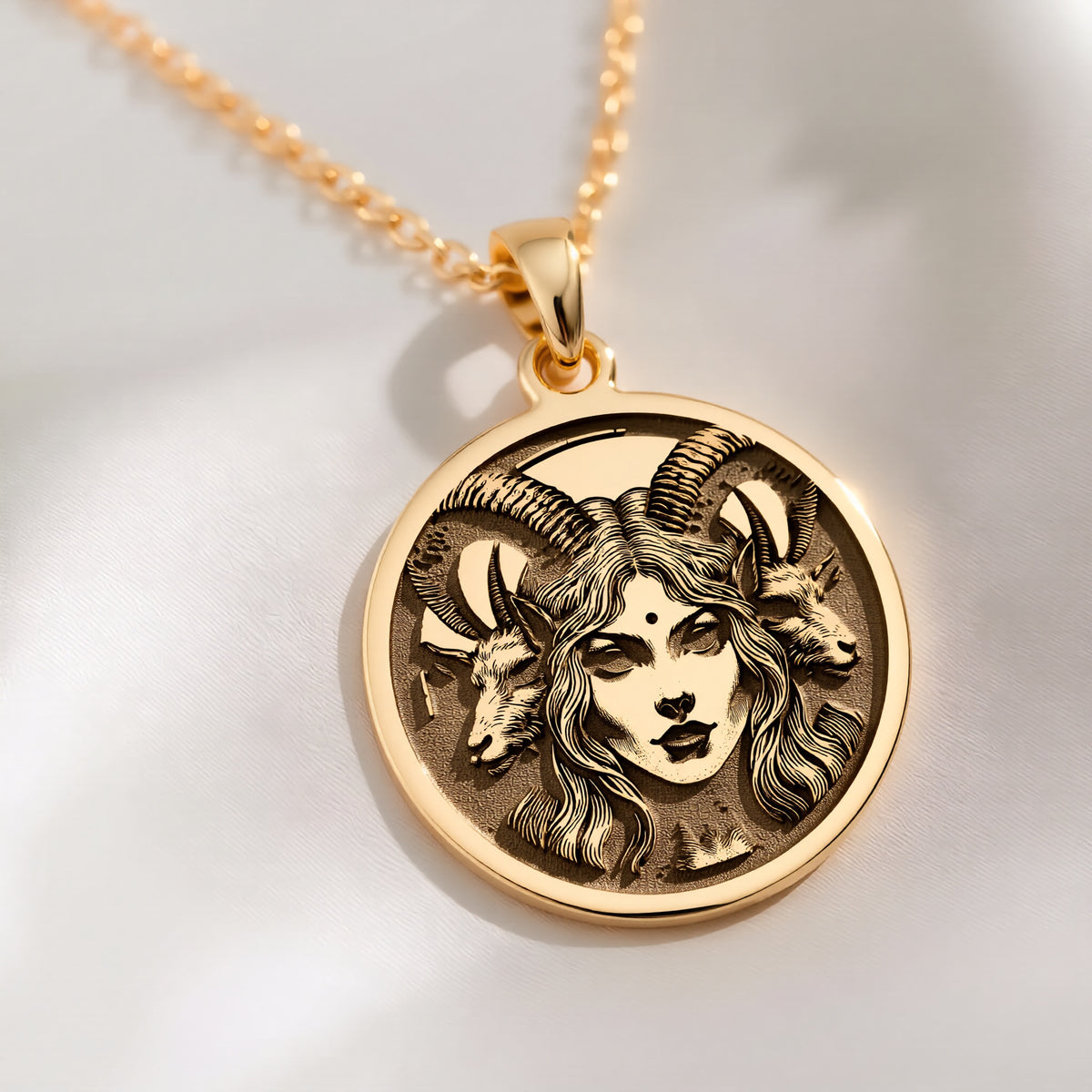 14K solid gold Lilith Goddess Necklace: round  of Lilith goddess with engraved horned g...
