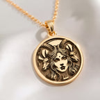 14K solid gold Lilith Goddess Necklace: round  of Lilith goddess with engraved horned g...
