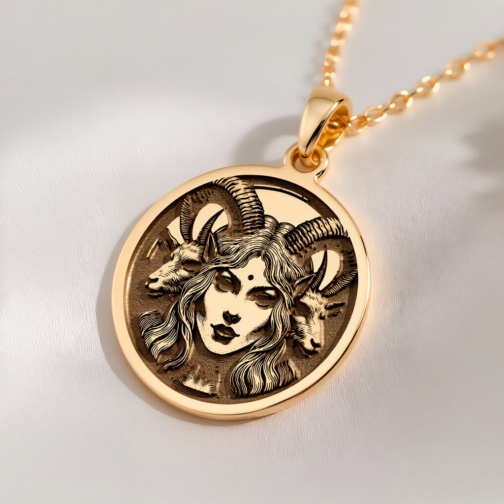 14K solid gold Lilith Goddess Necklace: round  of Lilith goddess with engraved horned g...