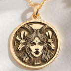 14K solid gold Lilith Goddess Necklace: round  of Lilith goddess with engraved three-fa...