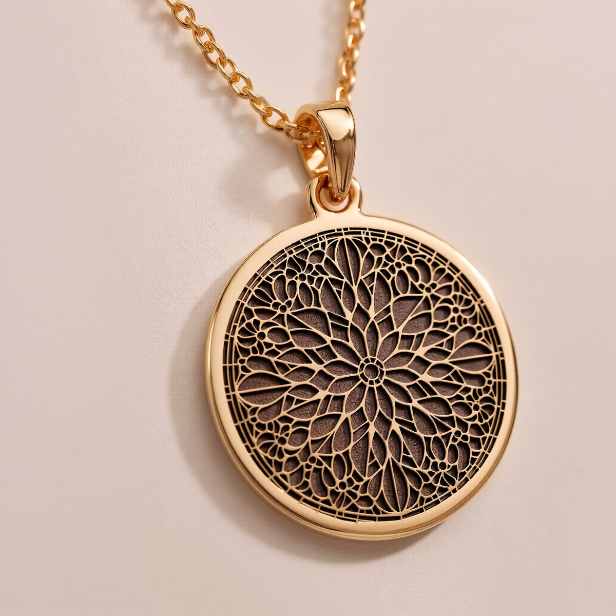 14K solid gold Mandala Art Medallion Necklace: round  intricate mandala art with centra...