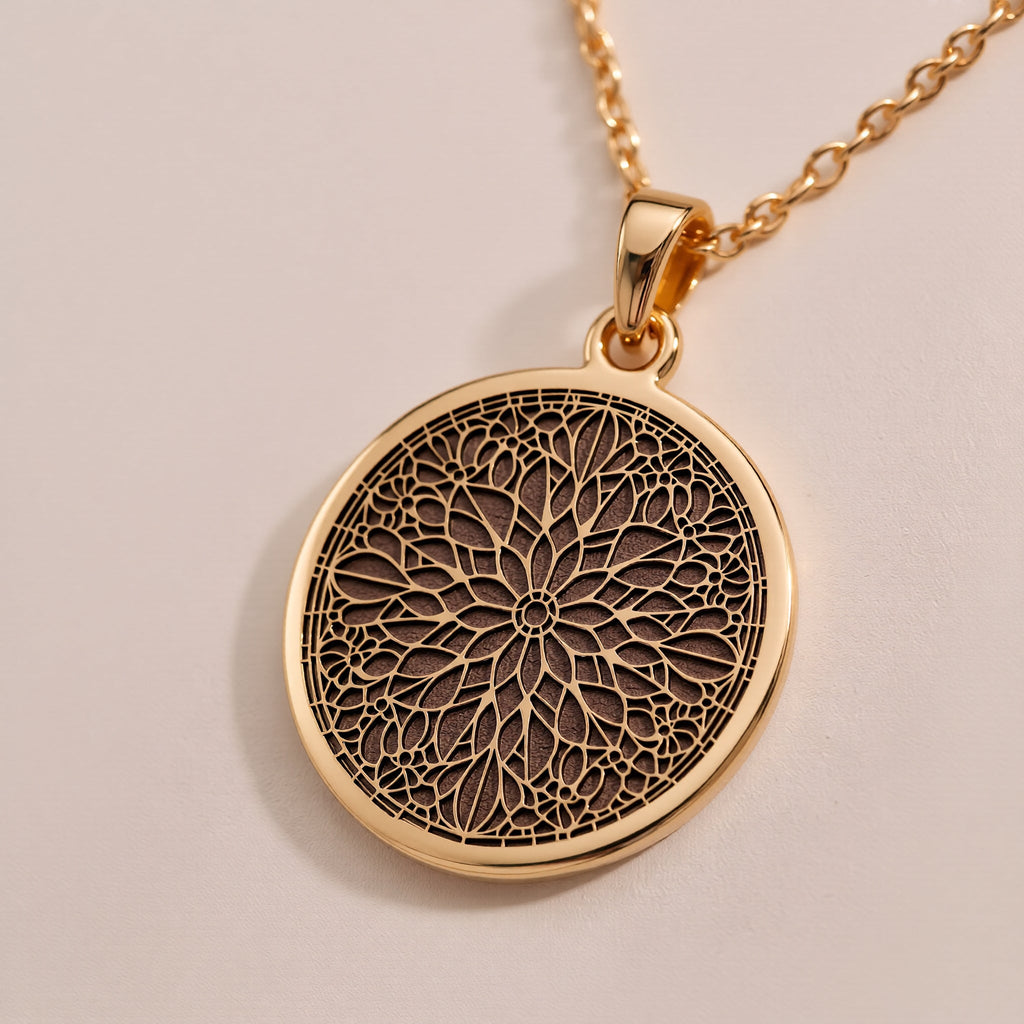 14K solid gold Mandala Art Medallion Necklace: round  intricate mandala art design with...