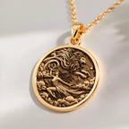 14K solid gold Leo Zodiac Sign Necklace: round  of Leo zodiac sign with engraved roarin...