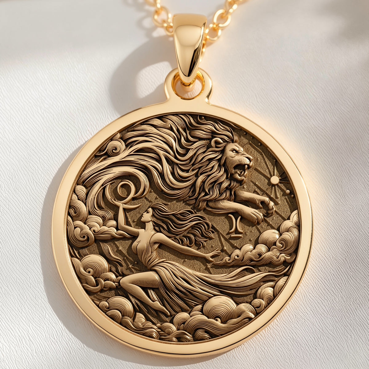 14K solid gold Leo Zodiac Sign Necklace: round  Leo zodiac sign with engraved roaring l...