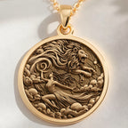 14K solid gold Leo Zodiac Sign Necklace: round  Leo zodiac sign with engraved roaring l...