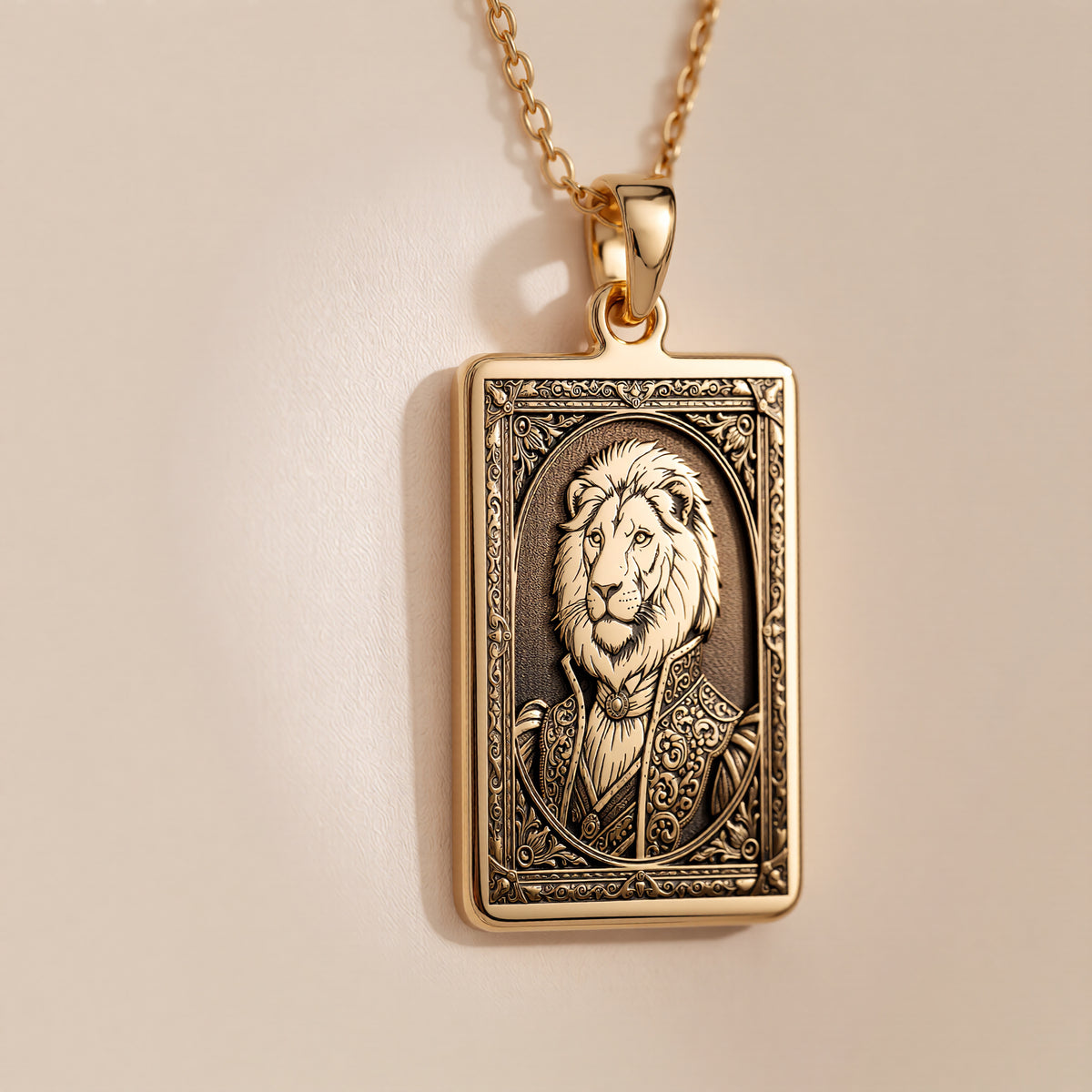 Studio front view of 14K Gold Plated Regal Lion Man Portrait Rectangle Pendant Necklace, featuring Courage & Leadership Strength Talisman Animal Lover Gift with crisp engraved relief details.