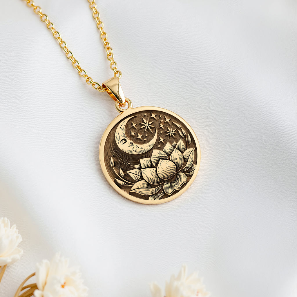 14K solid gold Lotus Crescent Moon Pendant: round  engraved crescent moon face with sta...