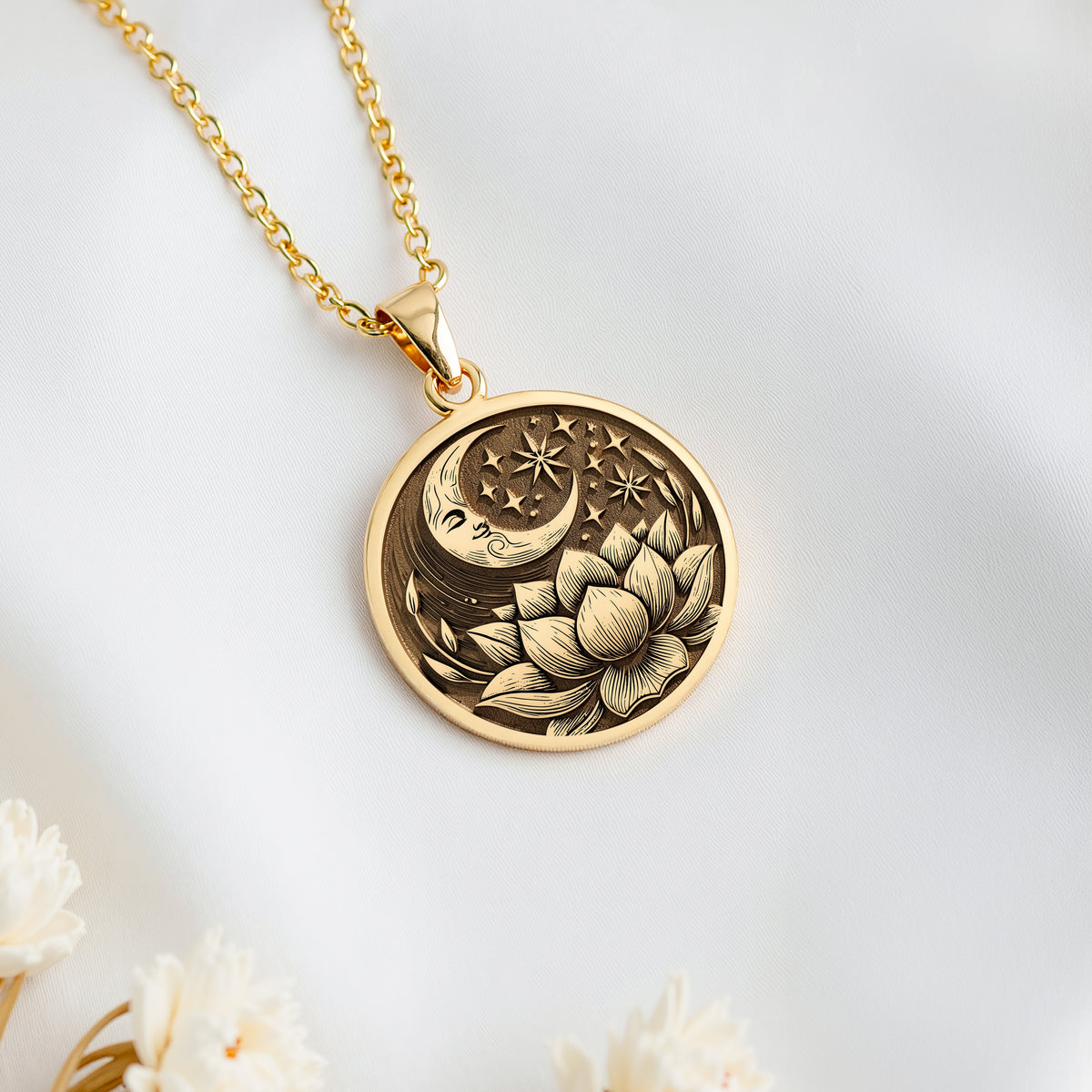 14K solid gold Lotus Crescent Moon Pendant: round  engraved crescent moon face with sta...