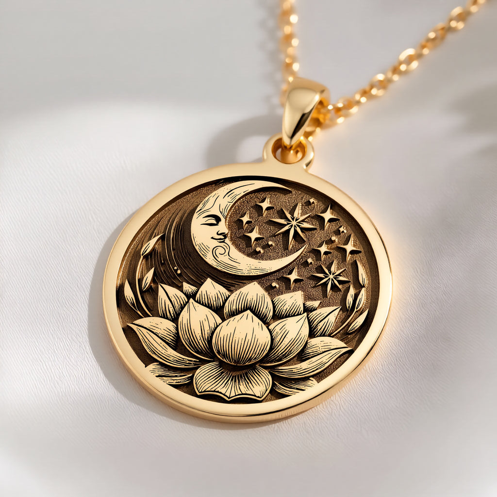 14K solid gold Lotus Crescent Moon Pendant: round  crescent moon with face stars and bl...