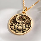 14K solid gold Lotus Crescent Moon Pendant: round  crescent moon with face stars and bl...