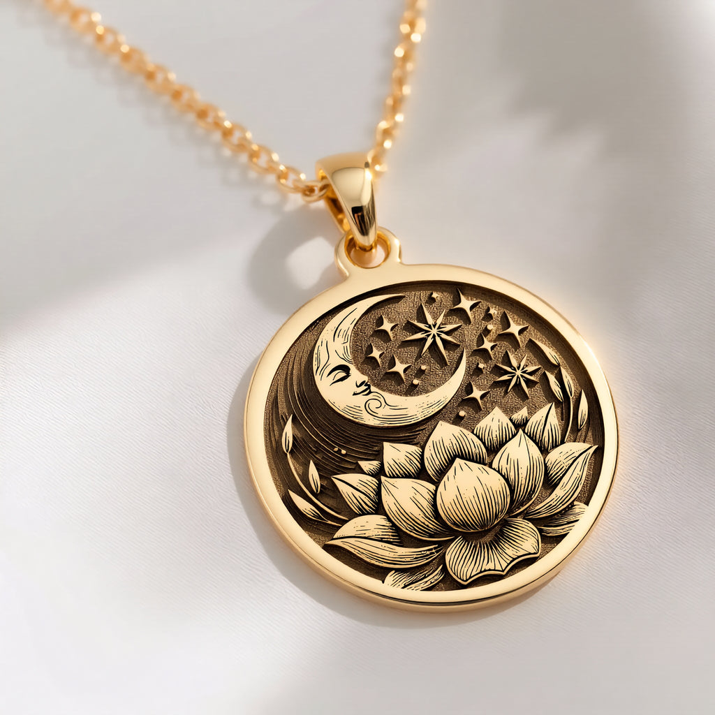14K solid gold Lotus Crescent Moon Pendant: round  engraved crescent moon face stars an...