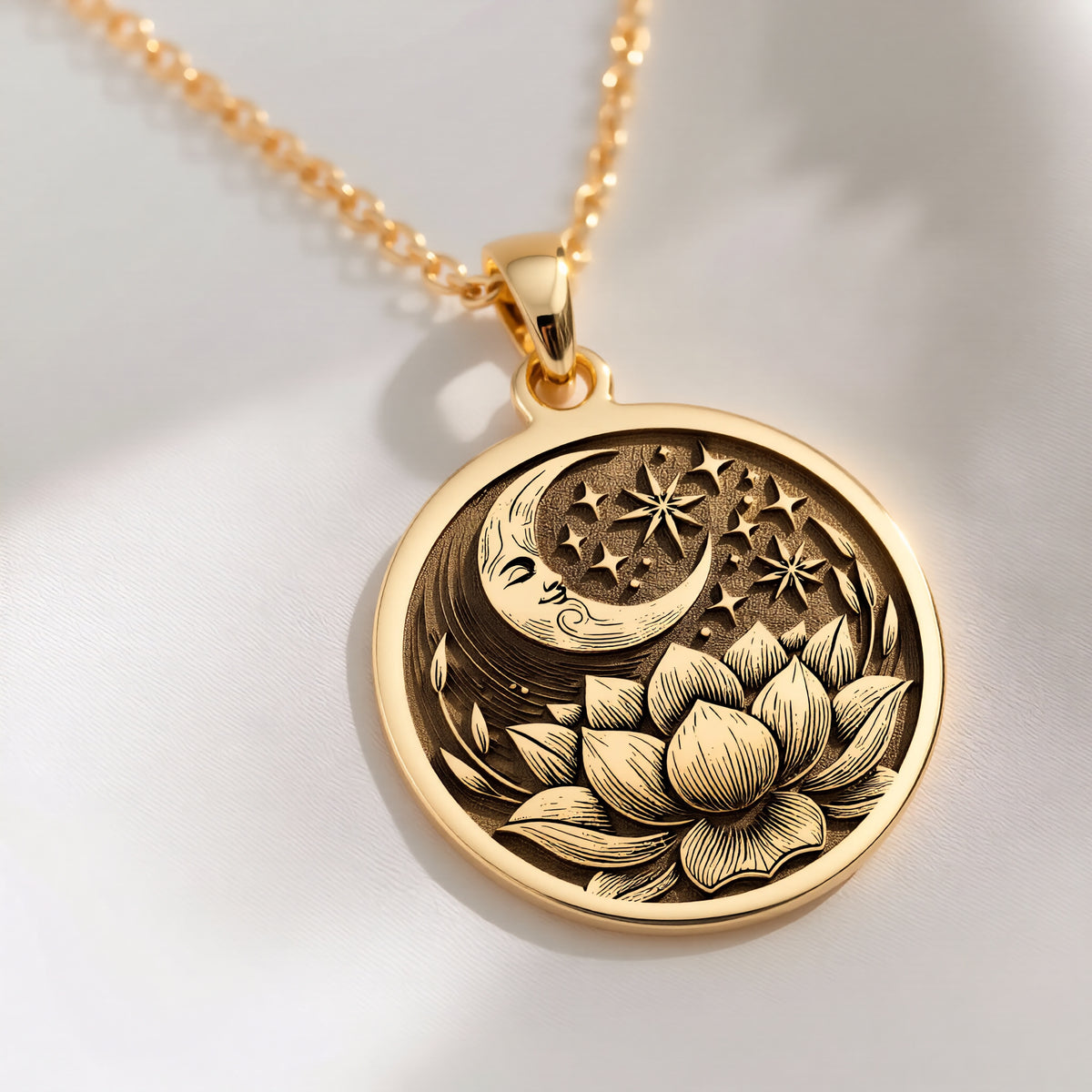 14K solid gold Lotus Crescent Moon Pendant: round  engraved crescent moon face stars an...