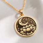 14K solid gold Lotus Crescent Moon Pendant: round  engraved crescent moon face stars an...