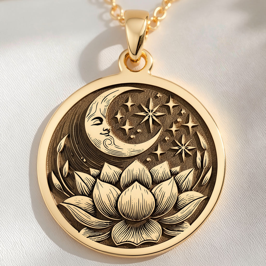14K solid gold Lotus Crescent Moon Pendant: round  celestial crescent moon face with st...