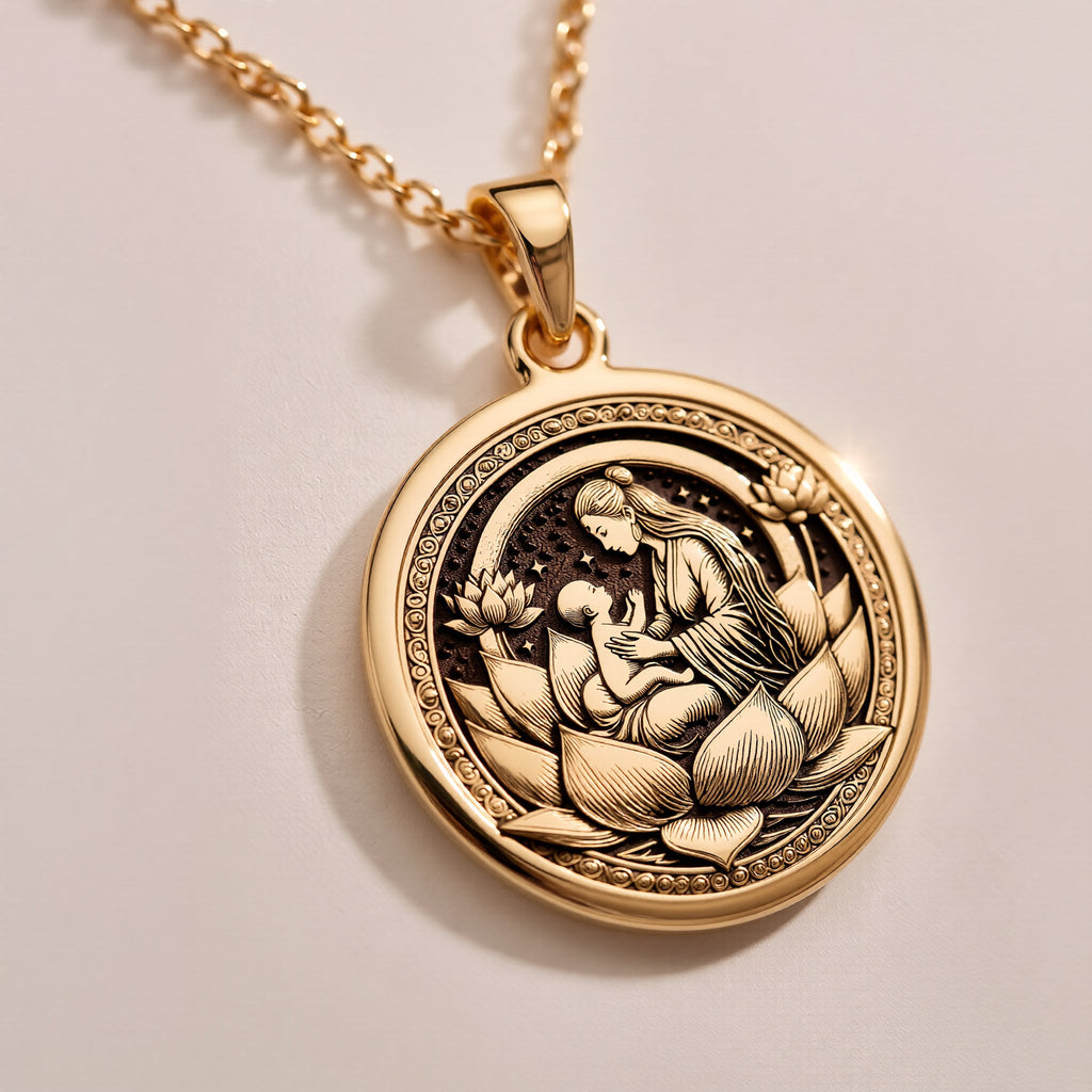 925 925 Sterling Silver Lotus Mother Pendant Necklaces Silver-toned metal pendant necklace featuring an intricate circular mythological design on dark fabric.