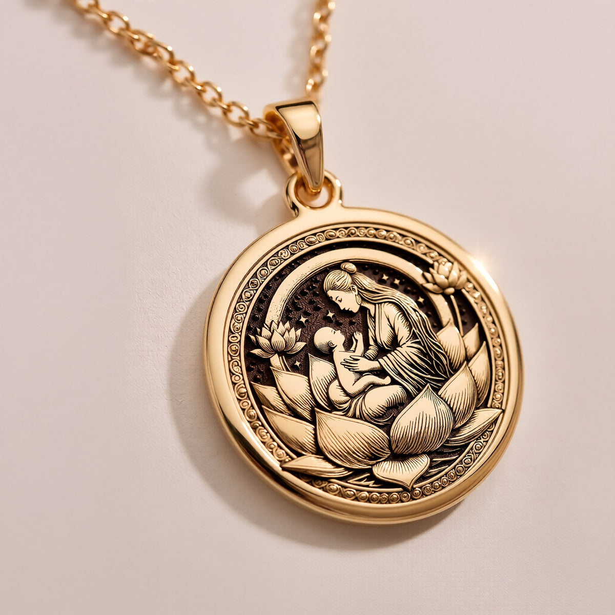 925 925 Sterling Silver Lotus Mother Pendant Necklaces Silver-toned metal pendant necklace featuring an intricate circular mythological design on dark fabric.