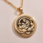 925 925 Sterling Silver Lotus Mother Pendant Necklaces Silver-toned metal pendant necklace featuring an intricate circular mythological design on dark fabric.