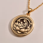 Lotus Mother Pendant Necklaces Rose 14K Rose 14K 14K Rose 14K 14K Rose Gold Plated pendant with seated figure and lotus design necklace