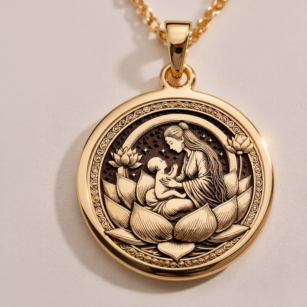Lotus Mother Pendant Necklaces 14K Rose 14K 14K Rose Gold Plated pendant necklace with ornate lotus design and intricate relief detail.