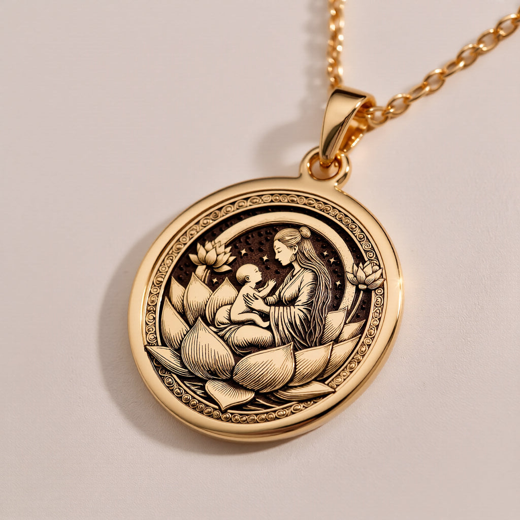 Lotus Mother Pendant Necklaces size chart with pendant dimensions and chain length options