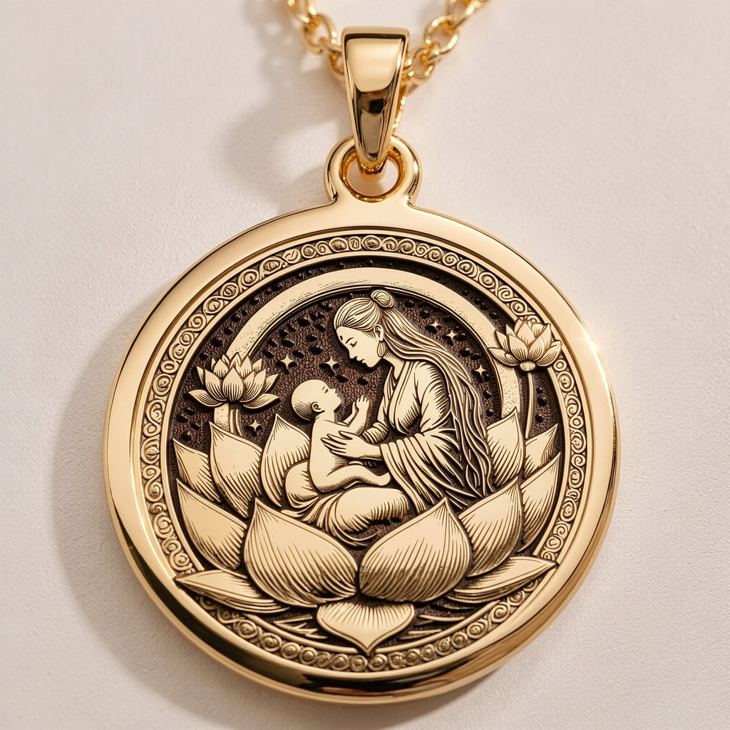 Lotus Mother Pendant Necklaces Gold-toned pendant necklace options featuring personalized text engraving on round discs.
