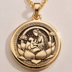 Lotus Mother Pendant Necklaces Gold-toned pendant necklace options featuring personalized text engraving on round discs.