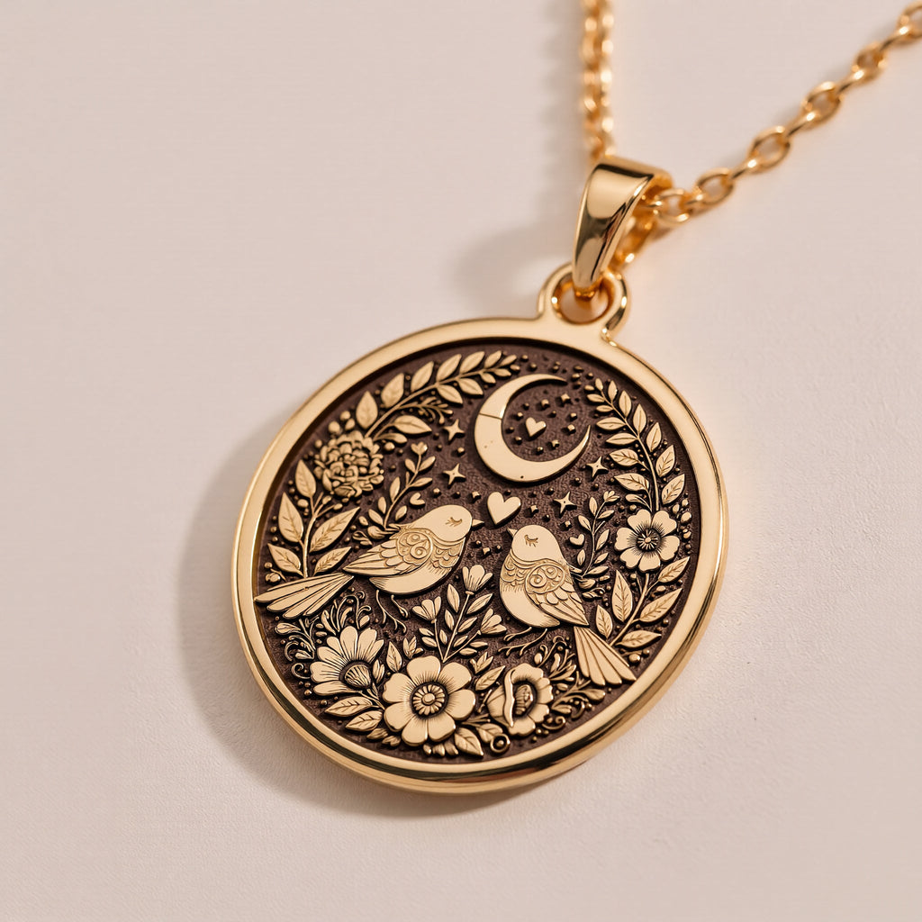 14K solid gold Romantic Lovebirds Necklace: round  two stylized birds facing each other...