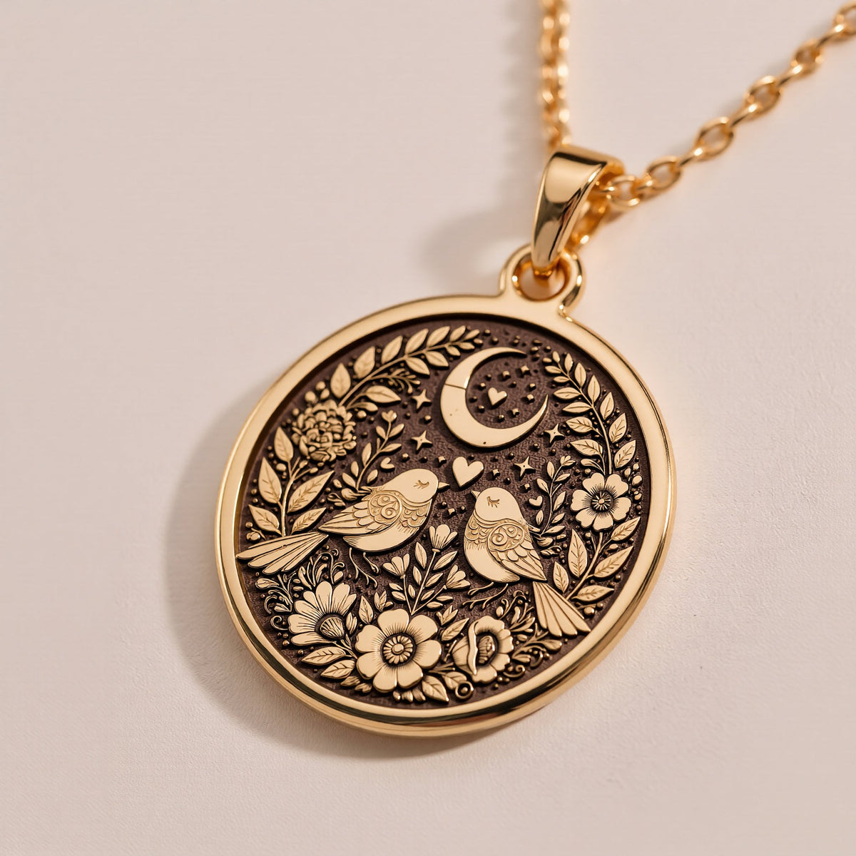 14K solid gold Romantic Lovebirds Necklace: round  two stylized birds facing each other...