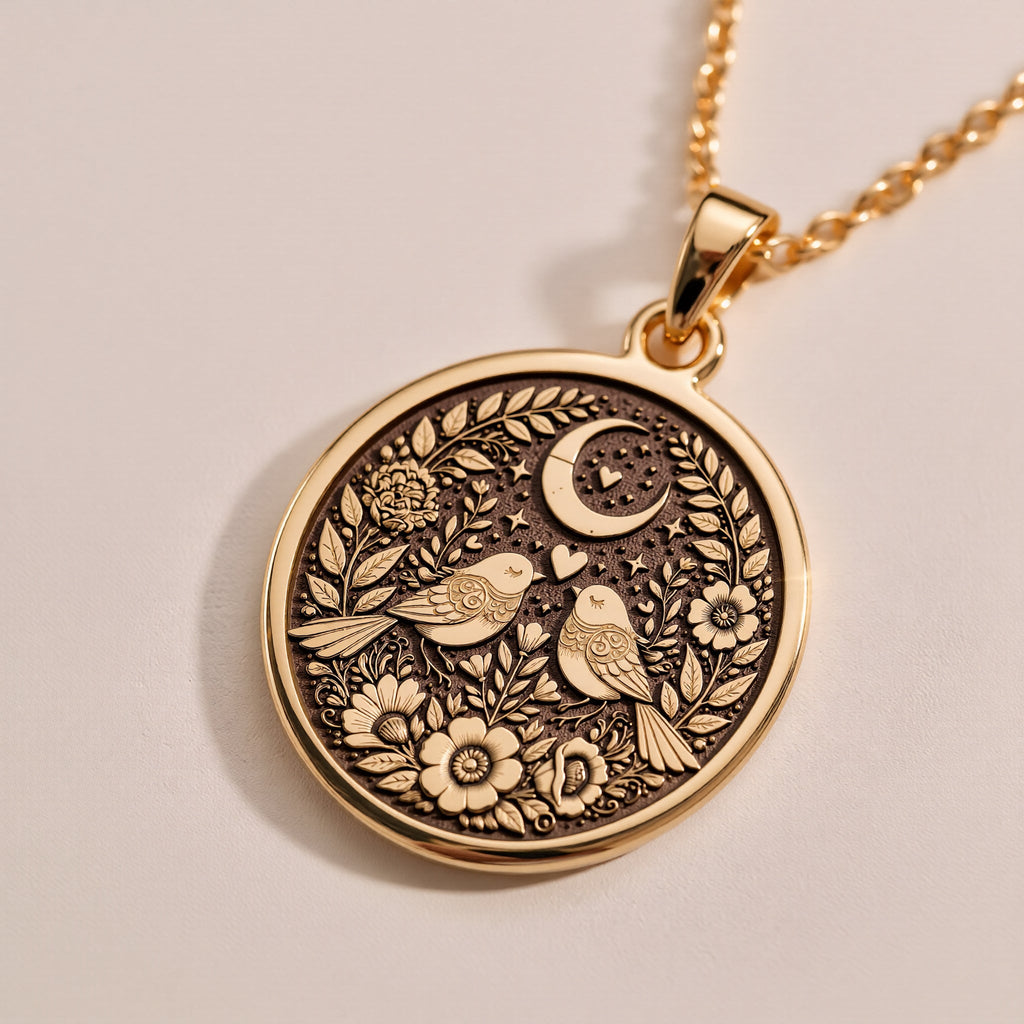 14K solid gold Romantic Lovebirds Necklace: round  two stylized birds facing each other...