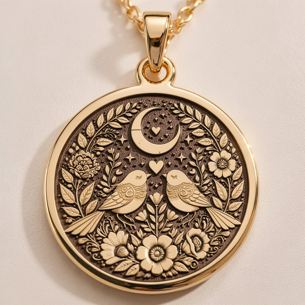 14K solid gold Romantic Lovebirds Necklace: round  two stylized birds facing each other...