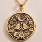 14K solid gold Romantic Lovebirds Necklace: round  two stylized birds facing each other...