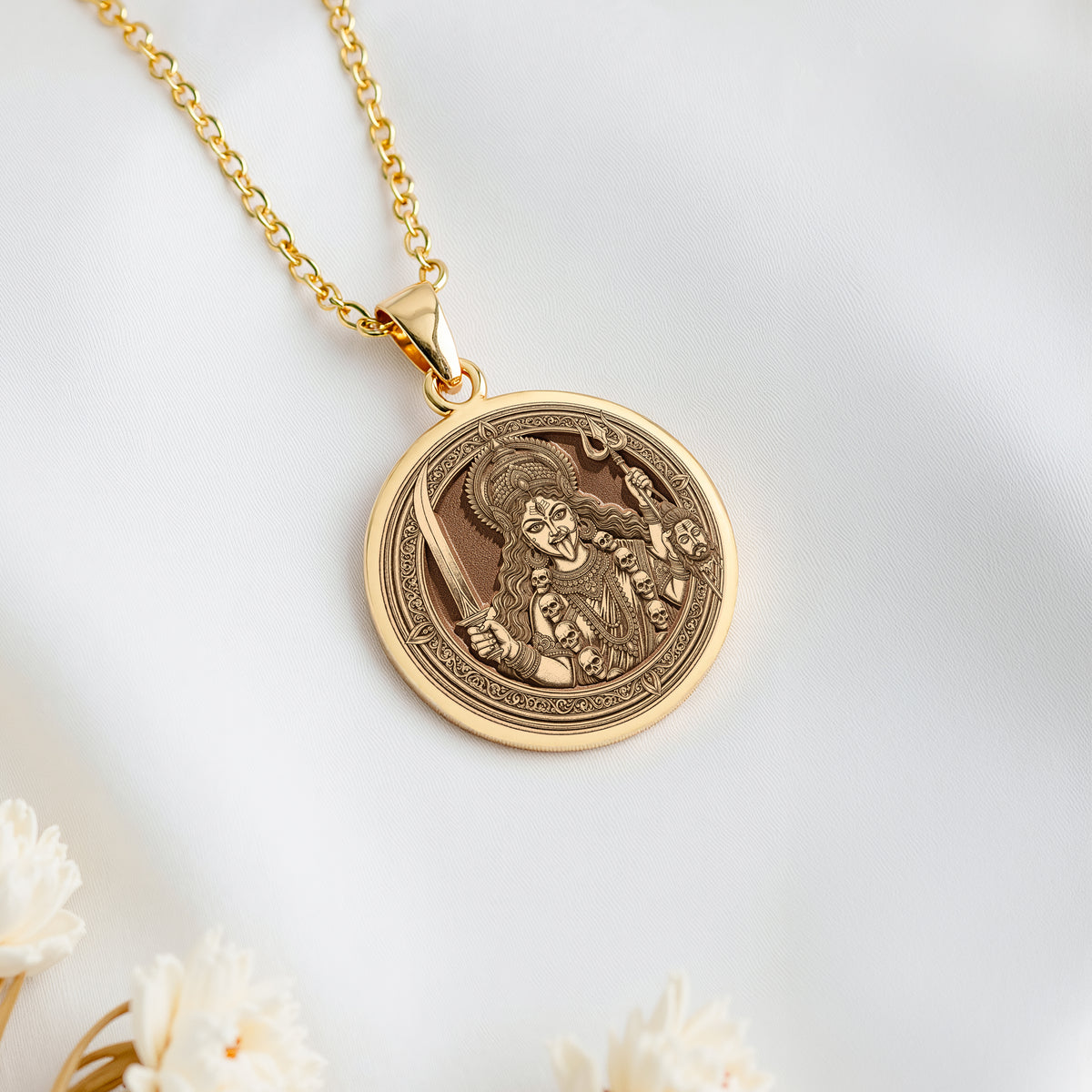14K solid gold Maa Kali Protection Amulet: round  of Hindu goddess Kali with engraved t...