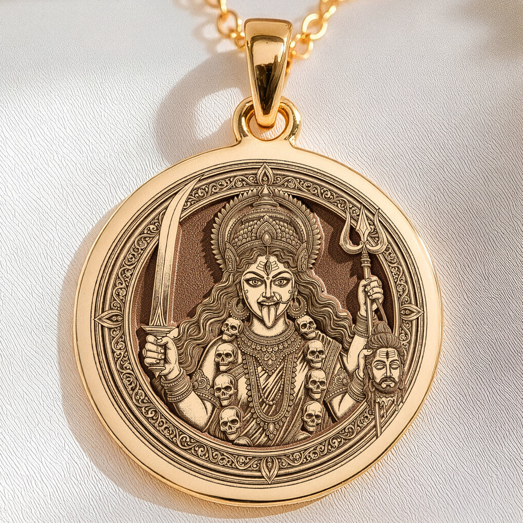 14K solid gold Maa Kali Protection Amulet: round  of Hindu goddess Kali holding sword a...