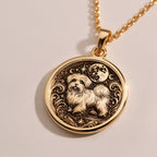 An elegant rose gold plated Maltese pendant. The beautiful engraving makes this a dainty and modern piece of pet jewelry.