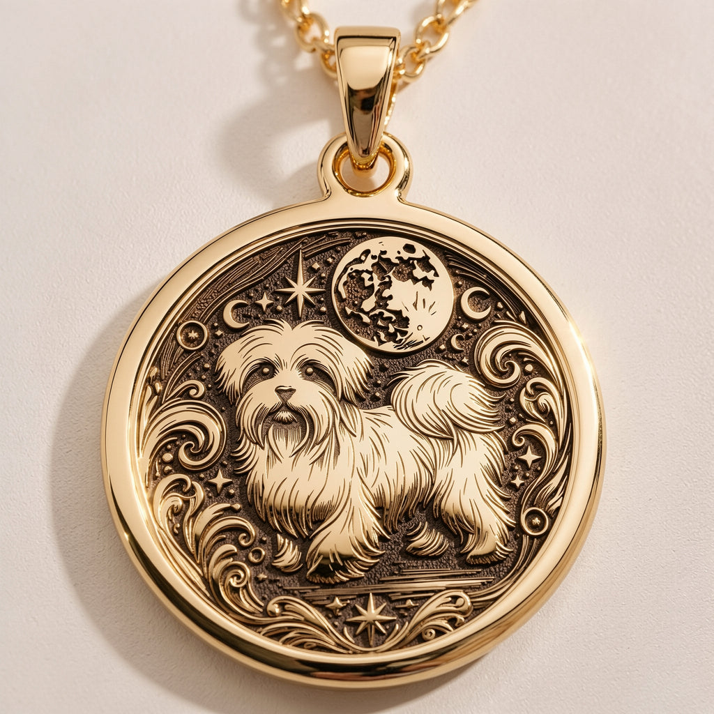 A custom rose gold plated Dog Lover tarot necklace. This piece is a perfect gift, honoring the bright and loving Maltese.