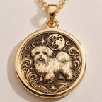A custom rose gold plated Dog Lover tarot necklace. This piece is a perfect gift, honoring the bright and loving Maltese.
