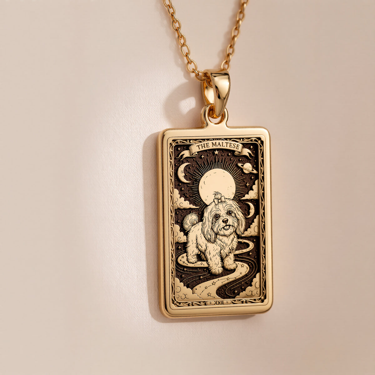 A polished 14K solid gold Maltese medallion. This fine pet jewelry represents the breed's cheerful spirit, making it a perfect Maltese lover gift.