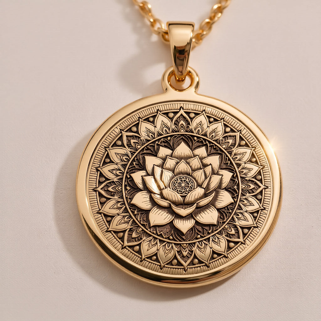 Lotus Mandala Spiritual Pendant Necklaces 925 925 Sterling Silver floral mandala pendant necklace on dark teal fabric