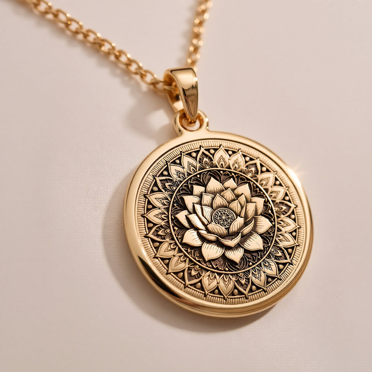 Beautiful Rose Gold Plated lotus charm necklace featuring mandala design. A feminine flower of enlightenment pendant.