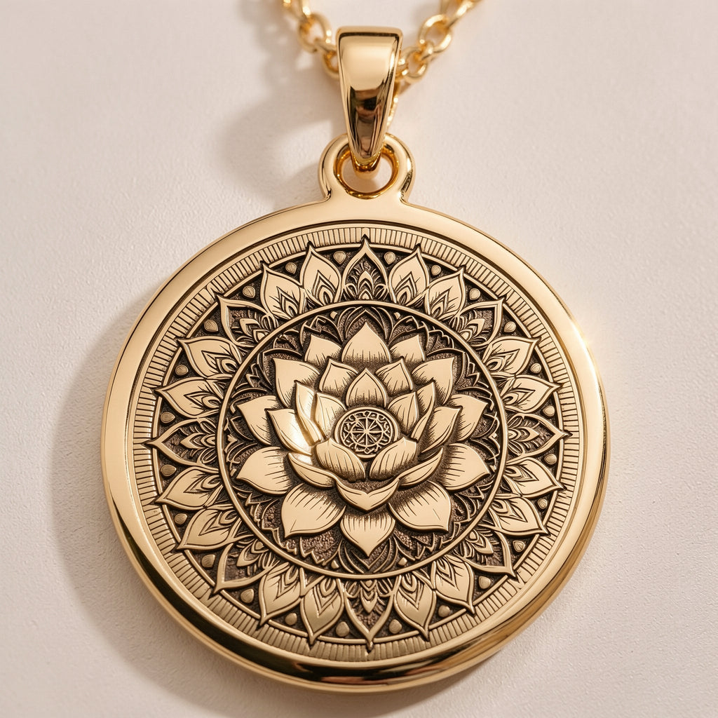 Lotus Mandala Spiritual Pendant Necklaces Gold-toned personalized pendant necklace options featuring various metal finishes and font styles.