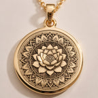Lotus Mandala Spiritual Pendant Necklaces Gold-toned personalized pendant necklace options featuring various metal finishes and font styles.