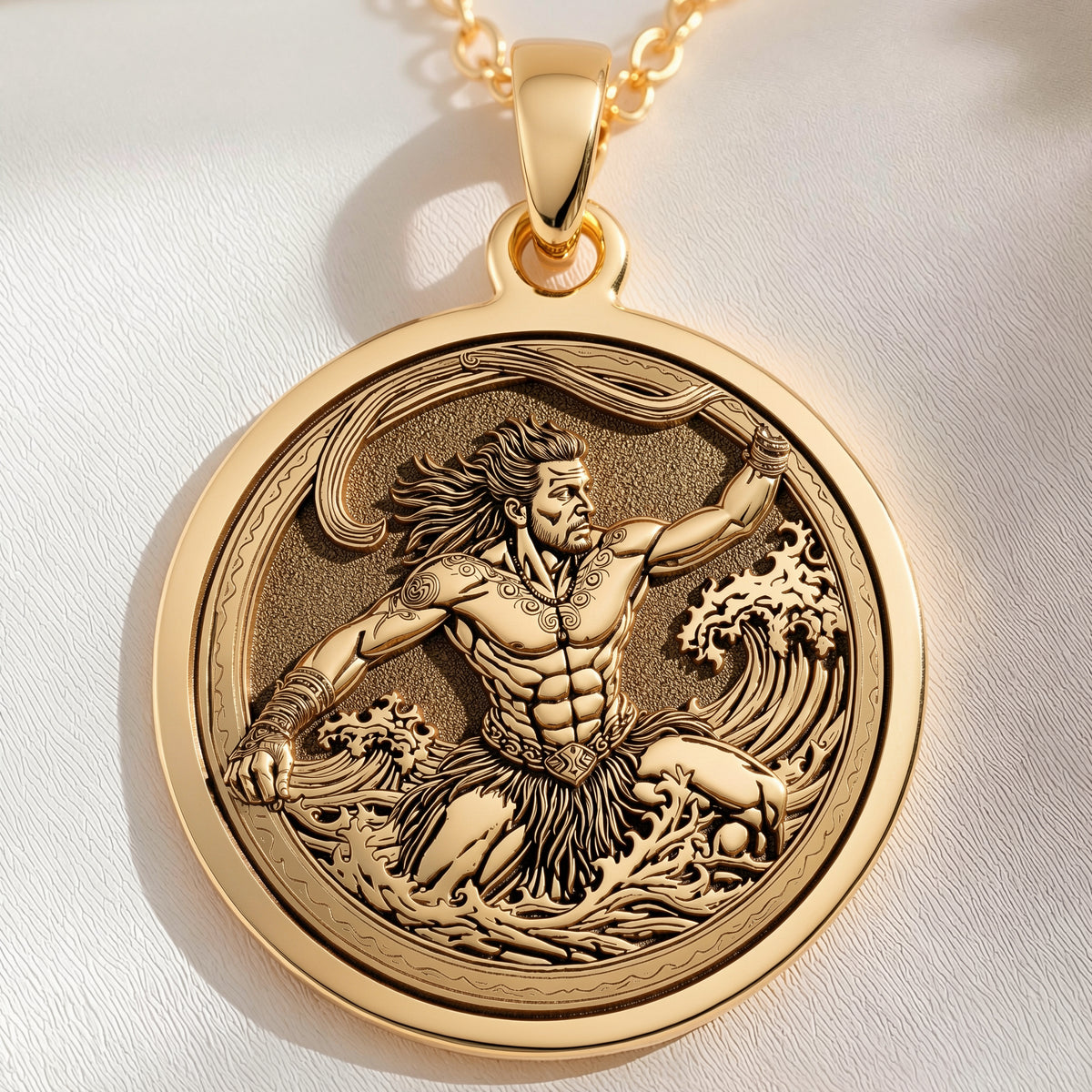 14K solid gold Maui Demigod Heroic Legend Pendant: round  of Maui Hawaiian demigod with...