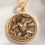 14K solid gold Maui Demigod Heroic Legend Pendant: round  of Maui Hawaiian demigod with...