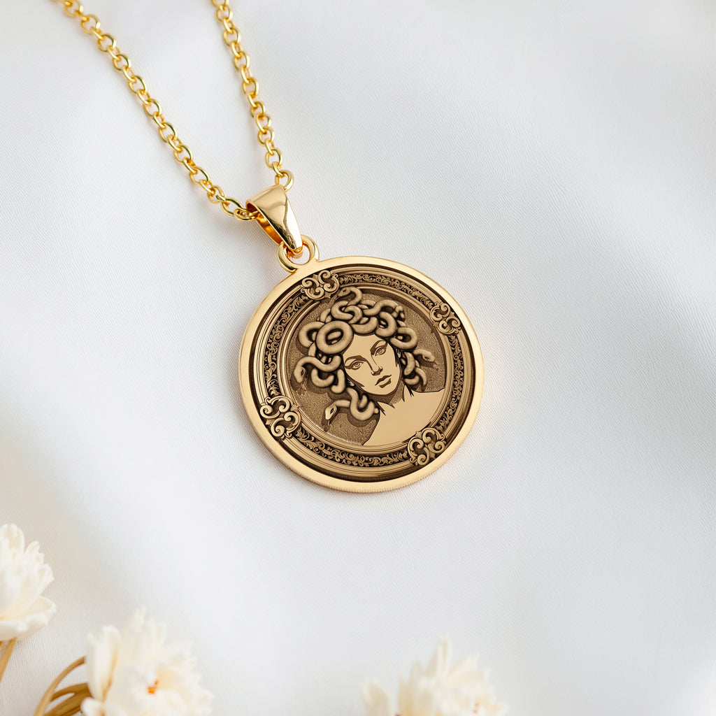 14K solid gold Medusa Gorgon Snake Hair Pendant: round  of Medusa Gorgon with engraved ...
